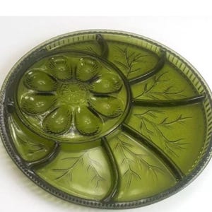 Vintage Indiana Glass Deviled Eggs Tray Olive Green Mid Century