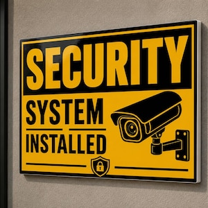 May include: A rectangular yellow and black sign with the text SECURITY SYSTEM INSTALLED in bold capital letters. The sign features a graphic illustration of a surveillance camera and a small shield icon with a padlock symbol at the bottom centre.
