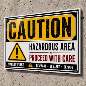 Può includere: Un cartello rettangolare in metallo con un'intestazione gialla e nera che recita CAUTION. La sezione inferiore bianca presenta il testo HAZARDOUS AREA e PROCEED WITH CARE in nero e rosso, con un triangolo di avvertimento giallo e il testo SAFETY FIRST BE AWARE BE ALERT BE SAFE.