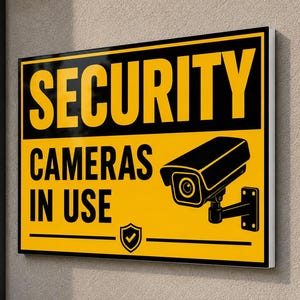 Puede incluir: Un letrero de seguridad rectangular con fondo amarillo y texto negro que dice SECURITY CAMERAS IN USE. El letrero presenta un gráfico negro de una cámara de vigilancia a la derecha y un pequeño icono de escudo con una marca de verificación abajo.