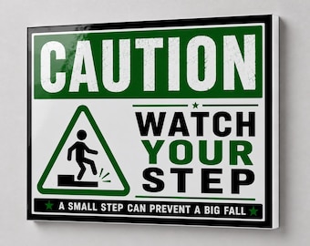 May include: A rectangular sign with a green background and white text reading CAUTION WATCH YOUR STEP. A green triangle icon shows a black stick figure stepping down. The bottom text reads A SMALL STEP CAN PREVENT A BIG FALL with stars.
