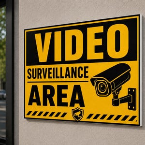 Pode incluir: Uma placa retangular amarela e preta com o texto VIDEO SURVEILLANCE AREA em letras maiúsculas em negrito. A placa apresenta uma ilustração gráfica de uma câmera de segurança à direita e um pequeno ícone de escudo com uma câmera na parte inferior.