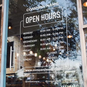 Opening Hours Window Decal, Personalized Business Name, Custom Shop Times Vinyl Sticker