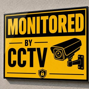 Puede incluir: Un letrero rectangular amarillo y negro con el texto MONITORED BY CCTV en letras negritas. El letrero presenta una ilustración gráfica de una cámara de seguridad negra a la derecha y un pequeño icono de escudo con un candado en la parte inferior.