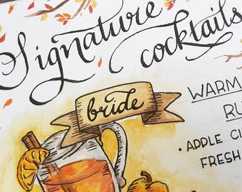 Wedding Drinks Menu | Hand-Drawn Signature Cocktails Sign for Party | Custom Illustrated Reception Signage