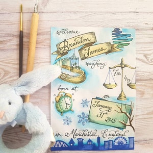 Baby Boy Announcement Card | Custom illustré Stats de naissance fille | Nouveau cadeau de bébé pour baptême ou décor de nurserie