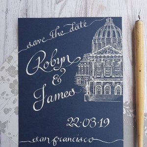 Azul marino / Blanco Guardar las tarjetas de fecha / Papelería de boda ilustrada personalizada / Invitaciones con el dibujo del lugar