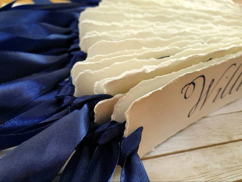 Handwritten Wedding Bookmarks Place Cards Name Card Wedding Favours Ivory and Navy Ribbon Table Setting and Decor with Calligraphy image 6