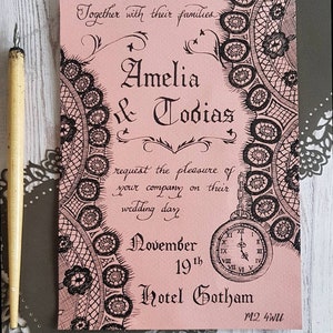 Black Lace and Pink Invitation, papelería Steampunk gótica para bodas, Hand Drawn Dusky Pink Suite, tarjetas RSVP personalizadas, menús e inserciones