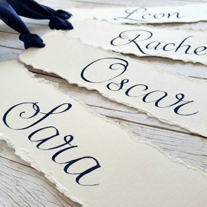Handwritten Wedding Bookmarks Place Cards Name Card Wedding Favours Ivory and Navy Ribbon Table Setting and Decor with Calligraphy image 1