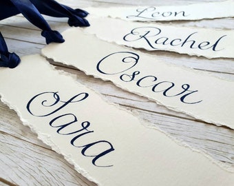 Handwritten Wedding Bookmarks Place Cards | Name Card Wedding Favours | Ivory and Navy Ribbon Table Setting and Decor with Calligraphy