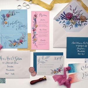 Suite de invitación floral de primavera / Flores de acuarela semi personalizadas Conjunto de invitación de boda / Papelería pastel con sobre RSVP Menú Tarjetas de lugar