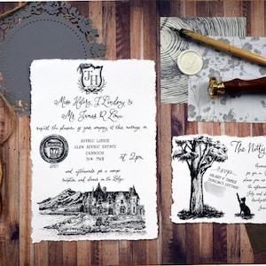 Invitación de boda en blanco y negro / Dibujo de lugar ilustrado personalizado / Escrito a mano Guardar las tarjetas de fecha