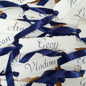 Handwritten Wedding Bookmarks Place Cards Name Card Wedding Favours Ivory and Navy Ribbon Table Setting and Decor with Calligraphy image 2