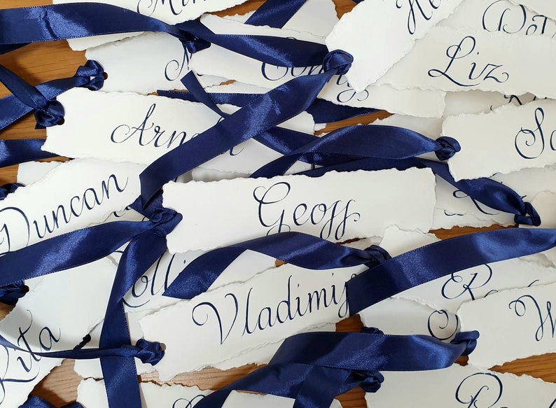 Handwritten Wedding Bookmarks Place Cards Name Card Wedding Favours Ivory and Navy Ribbon Table Setting and Decor with Calligraphy image 2