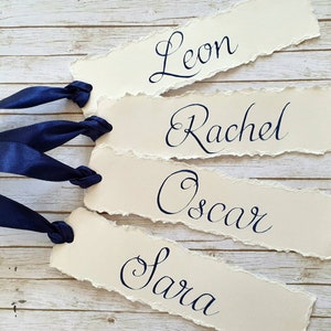 Handwritten Wedding Bookmarks Place Cards Name Card Wedding Favours Ivory and Navy Ribbon Table Setting and Decor with Calligraphy image 4