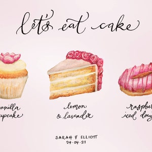 Kuchen- oder Desserttischmenü | Handbemalte Aquarell Lebensmittel Illustrationen | Handschriftliche Kalligraphie | Benutzerdefiniertes Menü-Zeichen-| Hochzeit Tisch Zeichen