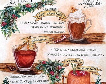 Christmas Drinks Menu | Signature Cocktails | Winter Wedding | Handwritten & Illustrated | Custom Bar Sign | Bespoke Design Service