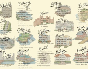 Handwritten Table Plan for Wedding | Illustrated Seating Chart | Destination or Travel Themed Table Names | Famous Places for Guest Map