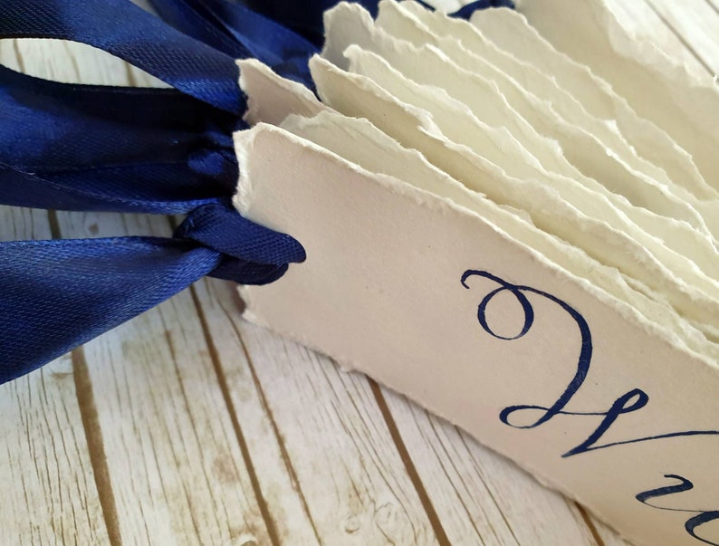 Handwritten Wedding Bookmarks Place Cards Name Card Wedding Favours Ivory and Navy Ribbon Table Setting and Decor with Calligraphy image 8