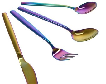 Rainbow Colored Iridescent Stainless Steel Flatware Tableware rainbow iridecent adult personalised cutlery valentine teenager gift