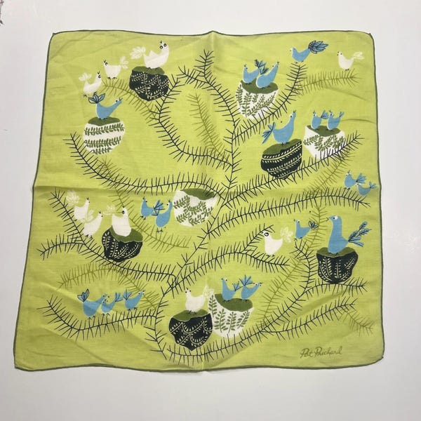 Pat Prichard  Vintage Handkerchief Birds in Nests Green Rare