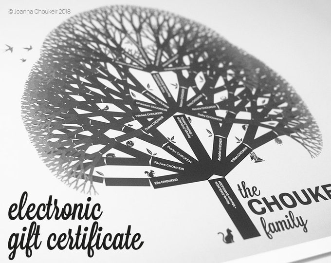 Electronic Gift Certificate custom family tree print personalised unique artwork beautiful ancestry genealogy 7 earth tones and tree species