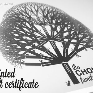 Printed Gift Certificate for custom family tree print personalised unique beautiful ancestry genealogy 7 earth tones and tree species