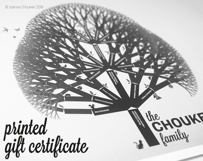 Printed Gift Certificate for custom family tree print personalised unique beautiful ancestry genealogy 7 earth tones and tree species