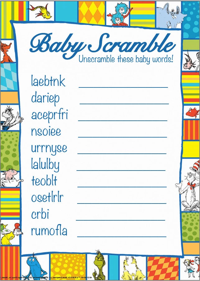 12 Personalized - Unscramble The Word - Baby Shower Game - Dr. Seuss-Party  Games