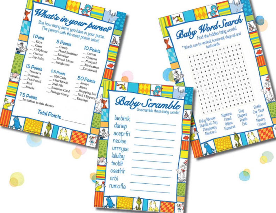 Dr. Seuss Baby Shower Games word Scramble,word Search &amp; What's in Your ...