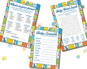 Dr. Seuss Baby Shower Games (Word Scramble,Word Search & What's in your Purse?) Printable