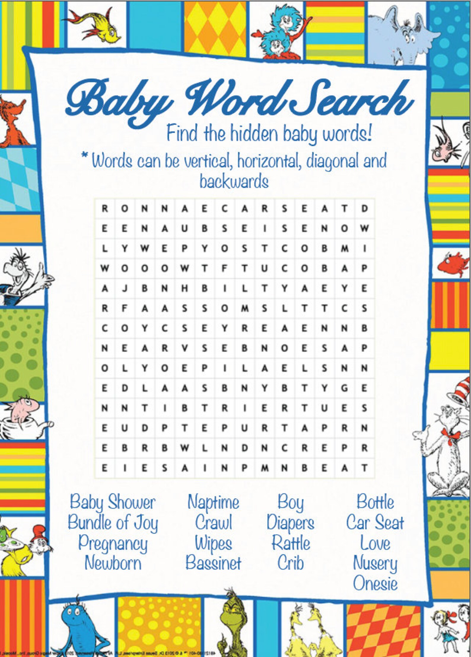 Dr. Seuss Baby Shower Games word Scramble,word Search &amp; What's in Your ...