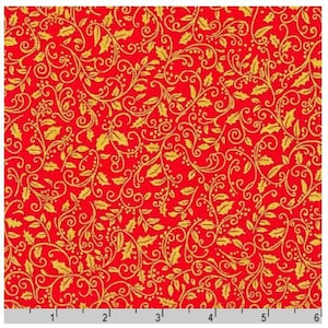 Holiday Charms/Holiday Flourish: Holly on Red- Robert Kaufman Sold by the Yard