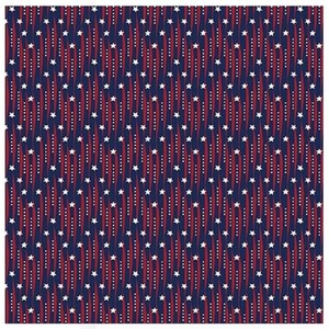 May include: A blue and red patterned fabric with white stars. The pattern is a repeating design of vertical lines with white stars and red dots.