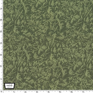 May include: Green fabric with a textured, leafy pattern. The fabric has a subtle sheen and a slightly rough texture.