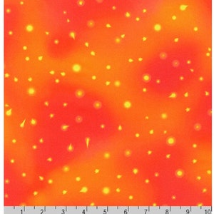 May include: Abstract seamless pattern with a red and orange gradient background. The pattern features small yellow and white dots and dashes scattered throughout the background.