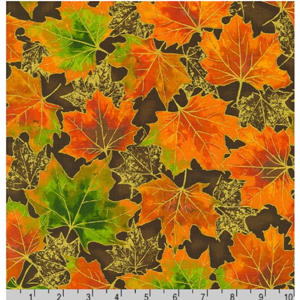 Shades of The Season: Autumn Leaves on Brown - Robert Kaufman Sold by the Yard/ Autumn Fabric, Metallic Fabric