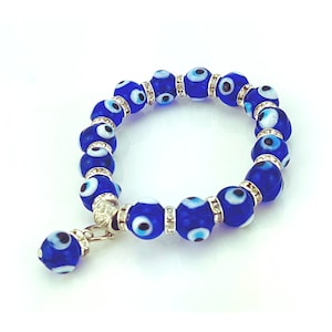 Evil Eye Bracelet, Beaded Stretch Bracelet, Evil Eye Jewelry, String Bracelets, Good Luck Gift, Charm Bracelet, Dainty Bracelet, Blue Glass