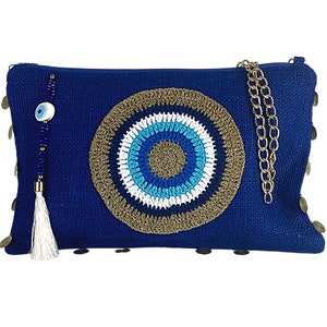 Evil Eye Clutch Tasche, Damen Tasche handgemacht, Strandtasche wasserdicht, Jutetasche bestickt, Gehäkelte Clutch Tasche, Kettentasche Träger, Reißverschlusstasche