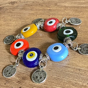 Evil Eye Stretch Bracelet for Women, Large Beaded Bracelet, Evil Eye Coin Bracelet, Dangle Charm, Lucky Eye, Protection Bracelet