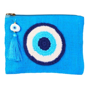 Evil Eye Purse Bag, Handmade Crochet Bag, Turquoise Pouch Bag, Coin Bag, Eco-friendly Jute Bag, Zipper Closure Tassel Décor, Gift for Her