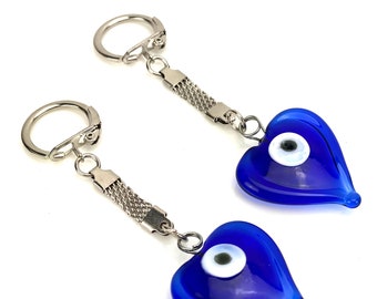 Evil Eye Keychain, Glass Heart Keyring, Evil Eye Bag Charm, Turkish Evil Eye, Handmade Murano Glass, Set of 2,