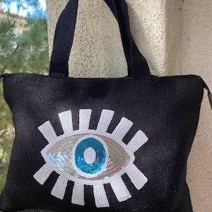Evil Eye Strandtasche, Umweltfreundliche Tasche, Nachhaltige Tasche, Jute Strandtasche, Wochenende Strandtasche, wasserdichtes Innenfutter, Geschenk für Sie, Alltagstasche