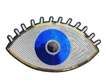 Large Sequin Evil Eye Patch: Blue & Gold Embroidered Applique