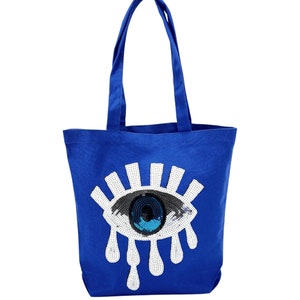 Baumwollbeutel, Strandtasche für Frauen, RoyalBlaue Canvas, Evil Eye Pailletten Aufnäher, Lange Tragetaschen, Gussettasche, flacher Boden, Geschenk für Sie