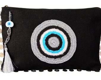 Evil Eye Clutch Bag: Jute Burlap Purse with Crystals & Tassels