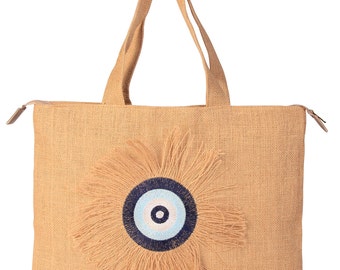 Embroidered Evil Eye Jute Tote Bag: Large Beach Bag