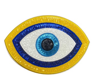 Large Sequin Evil Eye Patch: Yellow Embroidered Applique