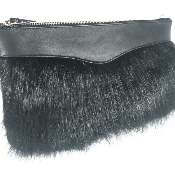Faux Fur Crossbody Bag,  Plush Clutch, Fluffy Bag, Leather Hand Edge, Faux Fur Clutch Bag, Clutch Wallet Purse, Evening Bag, Black Clutch